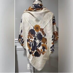 Tory Burch Cream Floral Scarf with Mustard and Navy Blooms